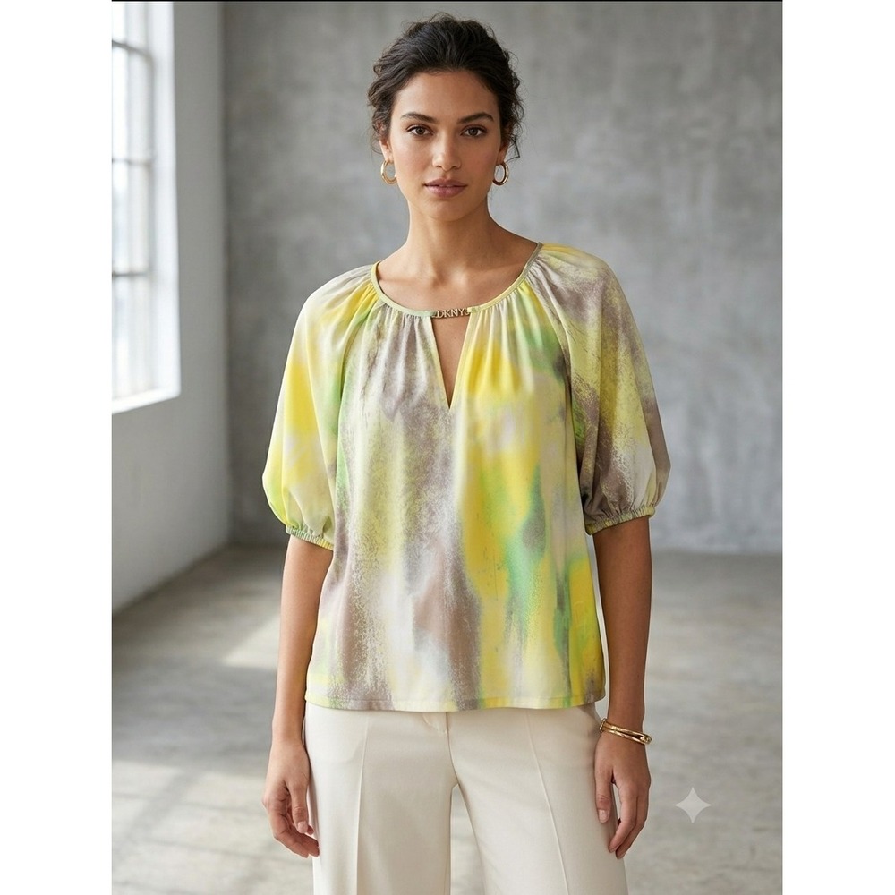 DKNY Watercolor Puff Sleeve Blouse Yellow Gray Green Abstract Business Top NEW L